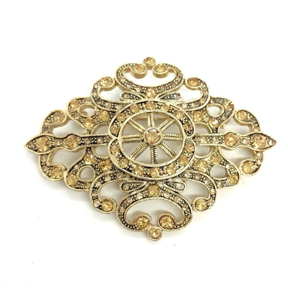 VINTAGE MONET BROOCH Rhinestone Gold Tone Filigree Statement Pin Gatsby